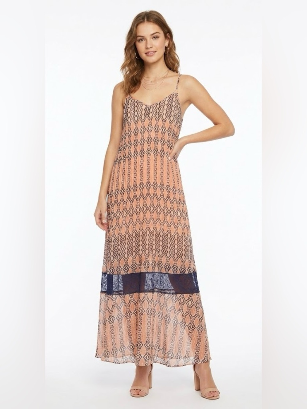 BCBGeneration Max Azria Pleated Geometric Maxi Dress Peach & Navy Lace S ($148)